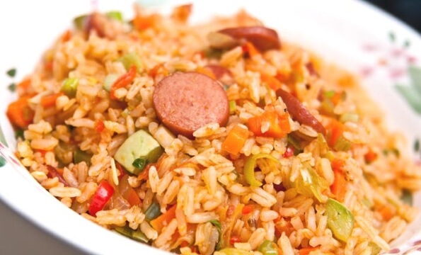 rice with vegetables and sausages